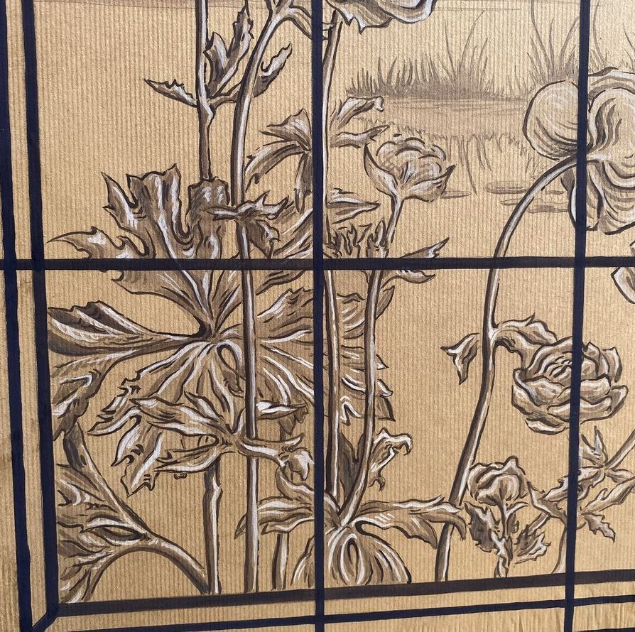 Pommiers, rouge-gorge et bouton d'or — détail de l'abeille et des boutons d'or