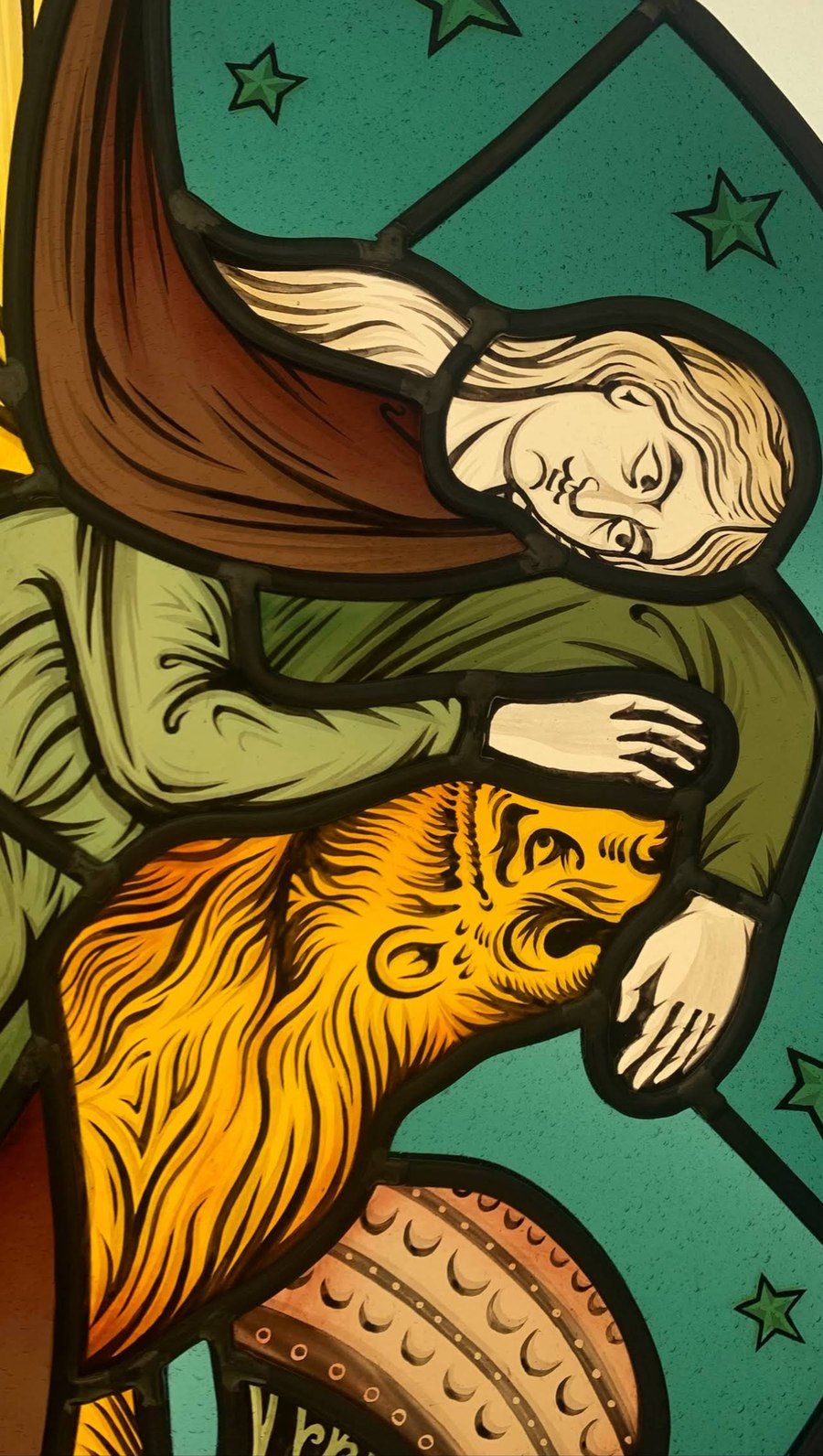Samson et le lion — détail du panneau, chardon et animal fantastique